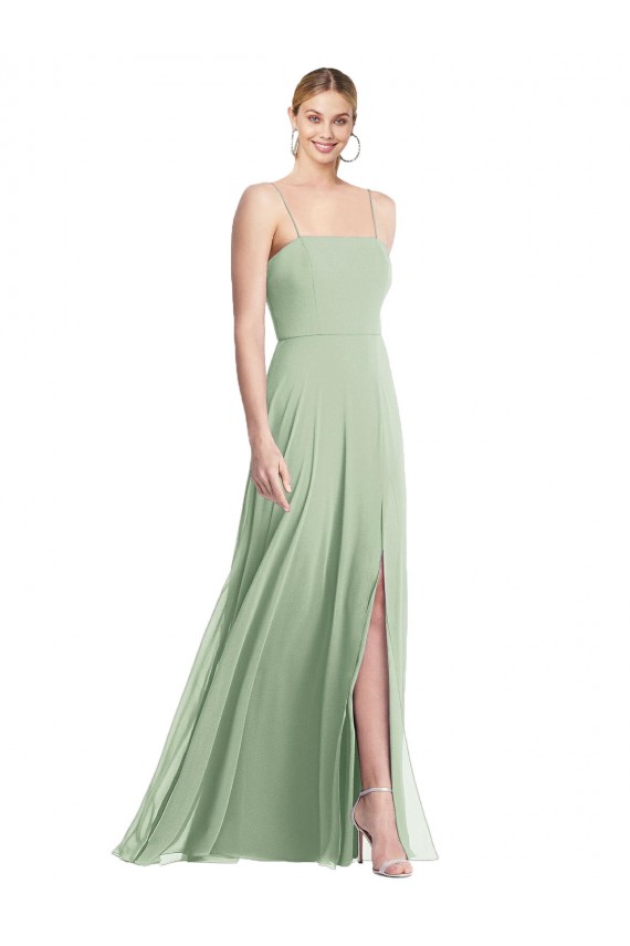 Online Sleek Spaghetti Straps Low Back Square Neck Maxi Formal Chiffon Bridesmaid Dress UK