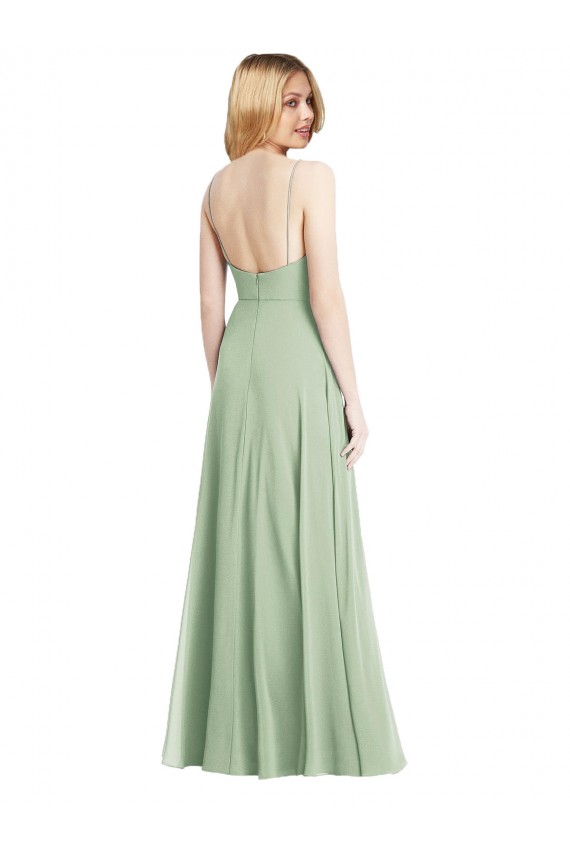 Online Sleek Spaghetti Straps Low Back Square Neck Maxi Formal Chiffon Bridesmaid Dress UK