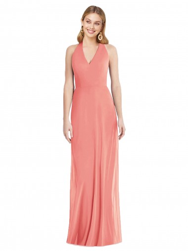 Online V-Neck Halter Chiffon Maxi Formal Bridesmaid Dress Open Back UK