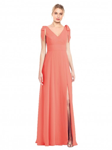 Online Full Length Bow-Shoulder V-Back Chiffon Bridesmaid Dress with Front Slit UK