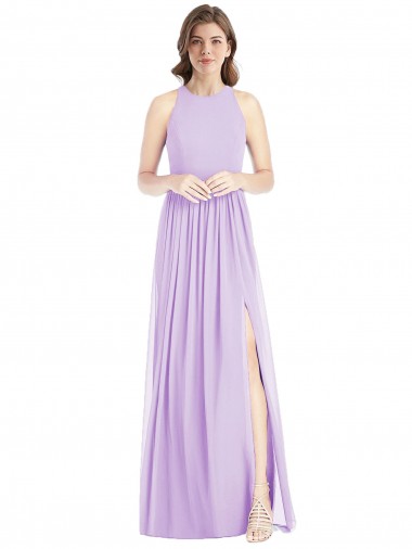 Online Shirred Skirt Jewel Neck Halter Chiffon Bridesmaid Dress with Front Slit UK