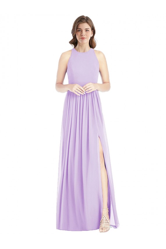 Online Shirred Skirt Jewel Neck Halter Chiffon Bridesmaid Dress with Front Slit UK