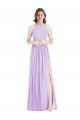 Online Shirred Skirt Jewel Neck Halter Chiffon Bridesmaid Dress with Front Slit UK