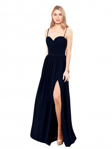 Online Draped A-Line Chiffon Formal Bridesmaid Dress with Spaghetti Straps and High Slit UK