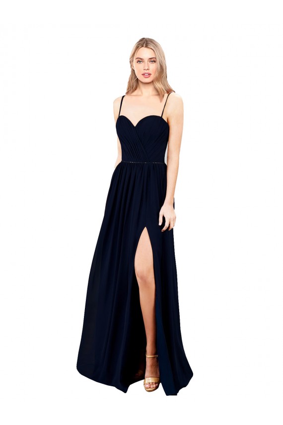 Online Draped A-Line Chiffon Formal Bridesmaid Dress with Spaghetti Straps and High Slit UK