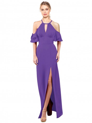 Online Slim A-Line Chiffon Bridesmaid Dress with Off The Shoulder Ruffle Sleeves UK