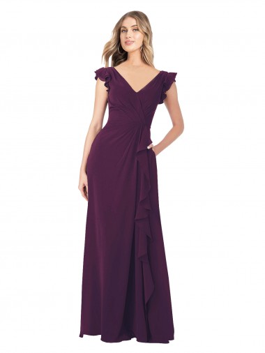 Online Ruffle Cap Sleeves Long Chiffon Bridesmaid Dress UK