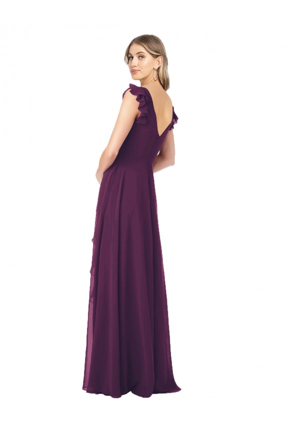 Online Ruffle Cap Sleeves Long Chiffon Bridesmaid Dress UK