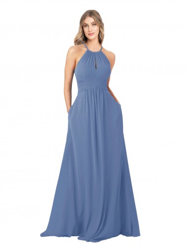 Online Draped High Neck Keyhole Back Bridesmaid Dress with Front Slit UK