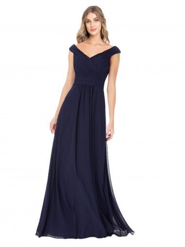 Online Off the Shoulder Classic Chiffon Bridesmaid Dress with Draped Bodice UK