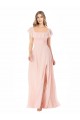 Online Flutter Cap Sleeves Square Neck Ruffle Chiffon Bridesmaid Dress with Pockets UK
