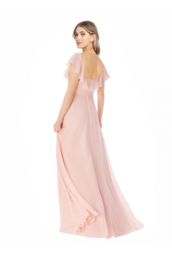 Online Flutter Cap Sleeves Square Neck Ruffle Chiffon Bridesmaid Dress with Pockets UK