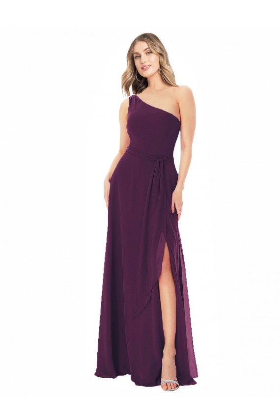Online One Shoulder Chiffon Bridesmaid Dress with Tie Belt UK