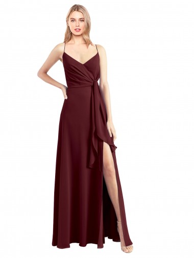 Online Spaghetti Straps V-Neck Long Chiffon Bridesmaid Dress with Side Slit UK
