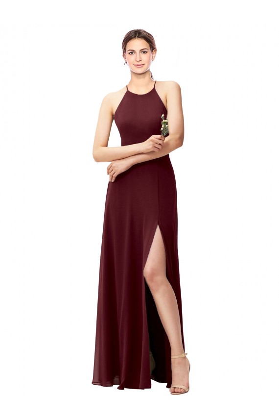 Online Slim Long High Halter Neck Chiffon Bridesmaid Dress with High Side Slit UK