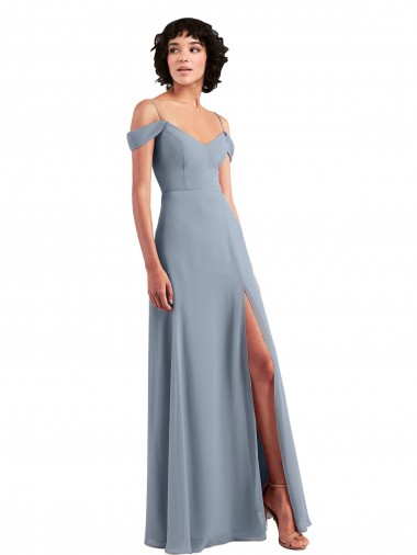 Online Off the Shoulder Folded Sleeve Long Chiffon Bridesmaid Dress with High Side Slit UK
