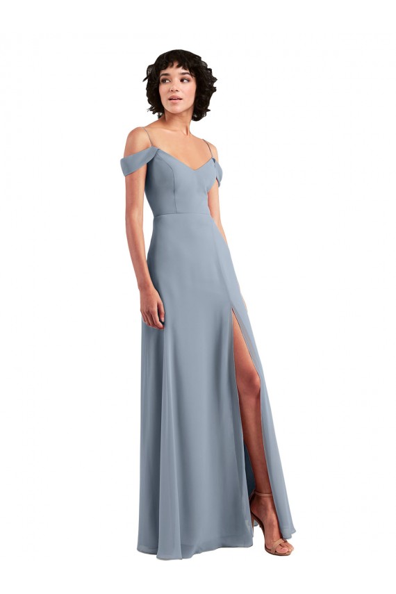 Online Off the Shoulder Folded Sleeve Long Chiffon Bridesmaid Dress with High Side Slit UK