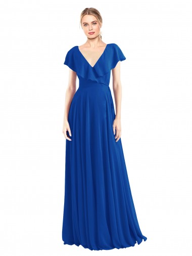 Online V-Neck A-Line Flutter Sleeves Long Chiffon Wrap Style Bridesmaid Dress UK