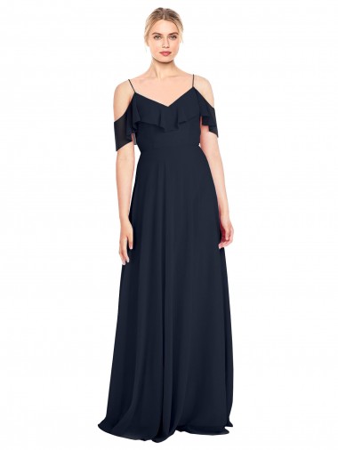 Online Draped Sleeves Flounce Neckline Long Chiffon Bridesmaid Dress with Spaghetti Straps UK
