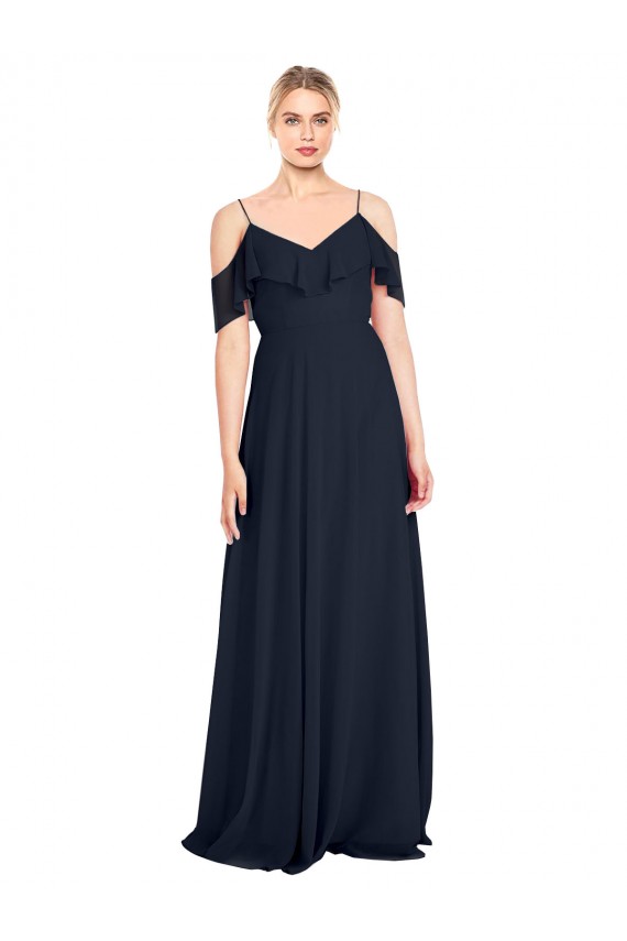Online Draped Sleeves Flounce Neckline Long Chiffon Bridesmaid Dress with Spaghetti Straps UK