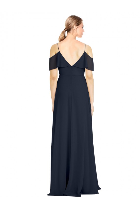 Online Draped Sleeves Flounce Neckline Long Chiffon Bridesmaid Dress with Spaghetti Straps UK