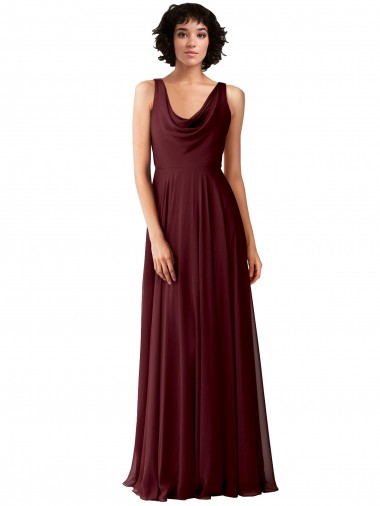 Online Draped Cowl Neck Long Chiffon Bridesmaid Dress with Wide Straps UK