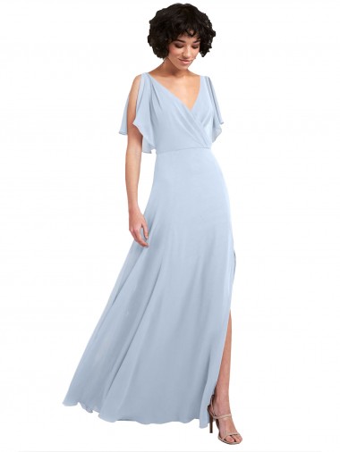 Online Split Flutter Sleeves V-Neck Chiffon Bridesmaid Dress with Open V-Back UK