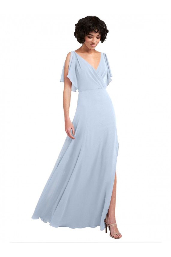 Online Split Flutter Sleeves V-Neck Chiffon Bridesmaid Dress with Open V-Back UK