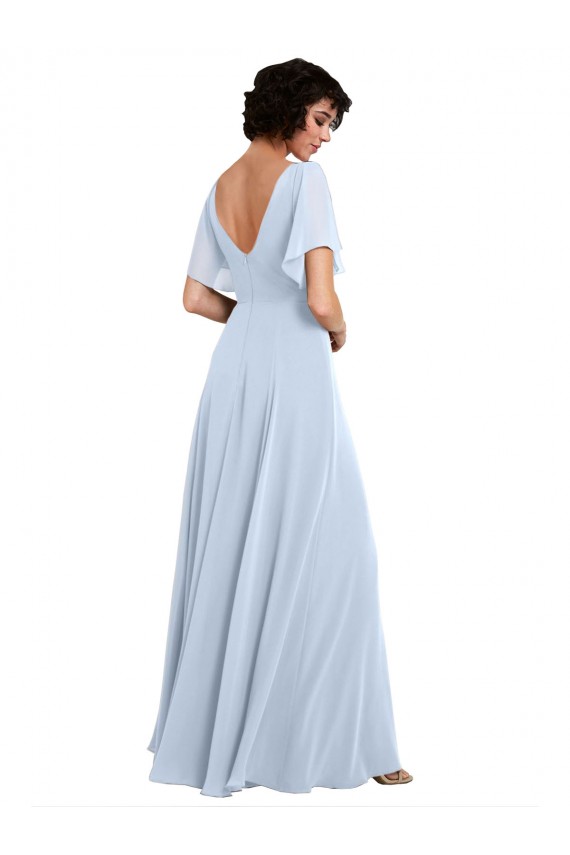 Online Split Flutter Sleeves V-Neck Chiffon Bridesmaid Dress with Open V-Back UK