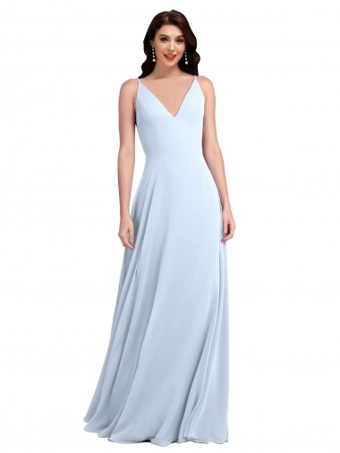 Online Long Floor Length V-Neck Chiffon Bridesmaid Dress with Keyhole Back UK