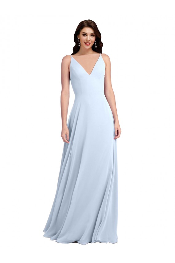 Online Long Floor Length V-Neck Chiffon Bridesmaid Dress with Keyhole Back UK