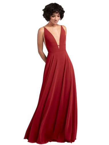 Online Fitted Plunging Deep V-Neck Long Chiffon Bridesmaid Dress with V-Back UK