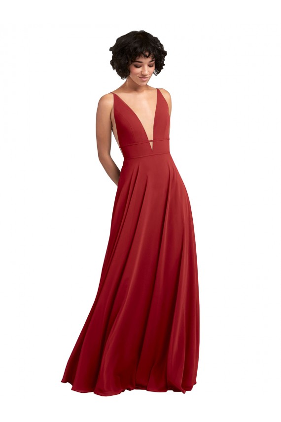 Online Fitted Plunging Deep V-Neck Long Chiffon Bridesmaid Dress with V-Back UK
