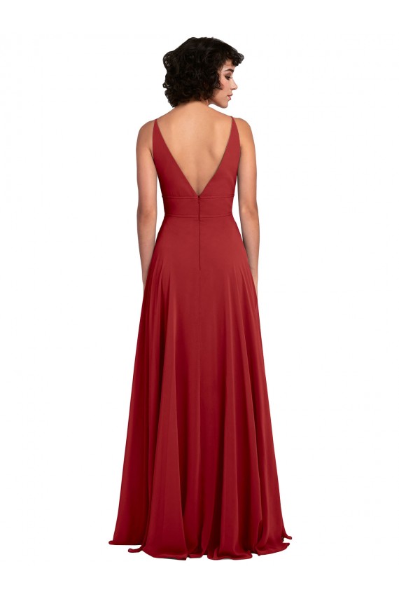 Online Fitted Plunging Deep V-Neck Long Chiffon Bridesmaid Dress with V-Back UK