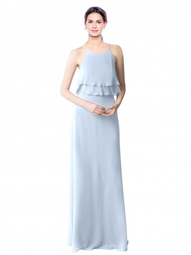 Online High Narrow Neck Long Chiffon Bridesmaid Dress with Tiered Ruffles UK