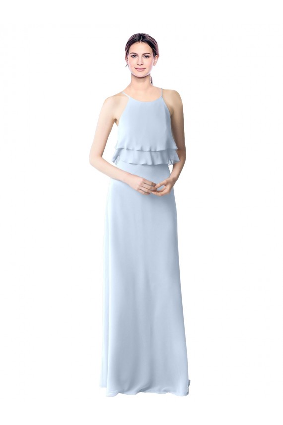 Online High Narrow Neck Long Chiffon Bridesmaid Dress with Tiered Ruffles UK