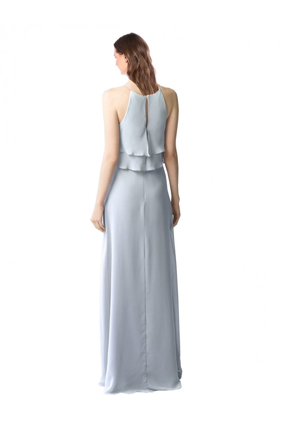 Online High Narrow Neck Long Chiffon Bridesmaid Dress with Tiered Ruffles UK