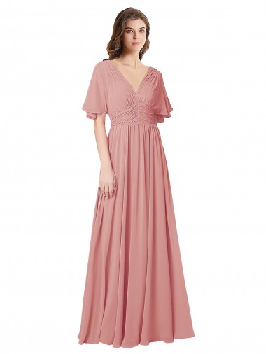 Online Flutter Sleeves Plunging V-Neck Boho Chiffon Bridesmaid Dress UK