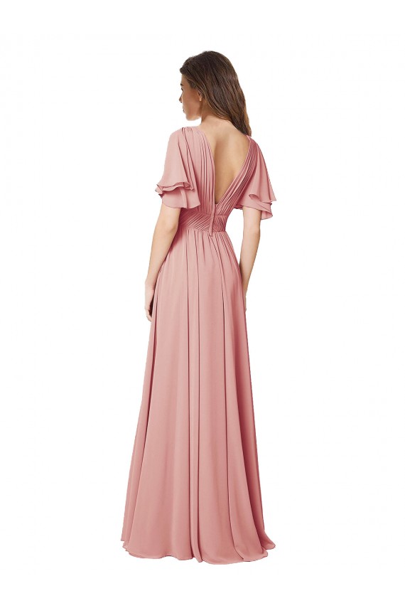 Online Flutter Sleeves Plunging V-Neck Boho Chiffon Bridesmaid Dress UK