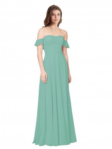Online Flounce Sleeves Off the Shoulder Long Chiffon Bridesmaid Dress UK