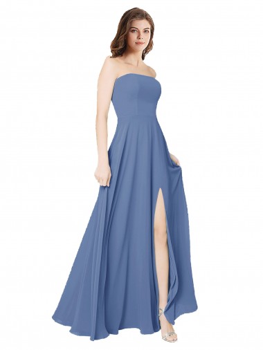 Online Strapless Long Chiffon Bridesmaid Dress with Front Slit UK