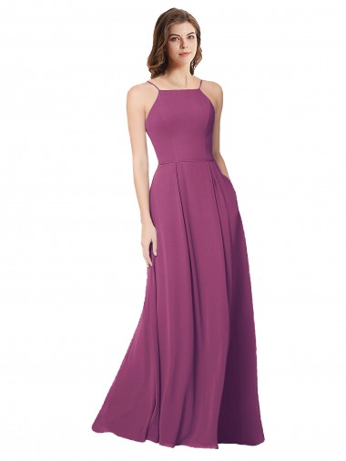 Online Halter Neck Long Pleated Chiffon Bridesmaid Dress with Pockets UK