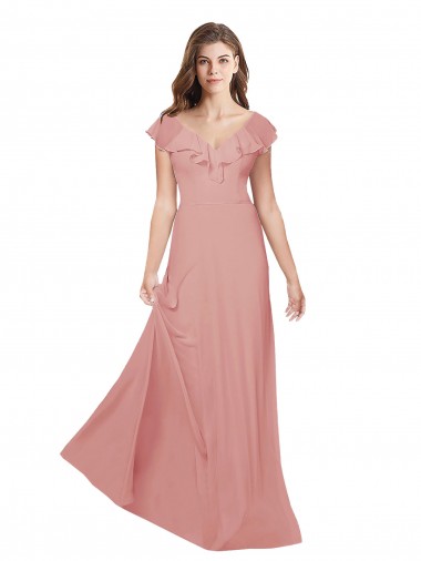 Online Flounced V Neckline Flutter Sleeves Chiffon Bridesmaid Dress UK