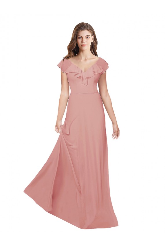 Online Flounced V Neckline Flutter Sleeves Chiffon Bridesmaid Dress UK