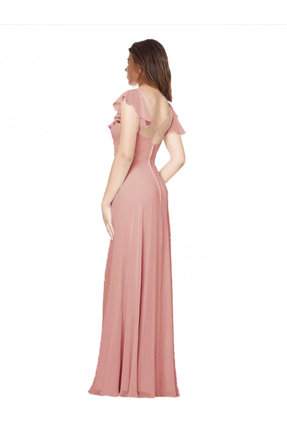 Online Flounced V Neckline Flutter Sleeves Chiffon Bridesmaid Dress UK