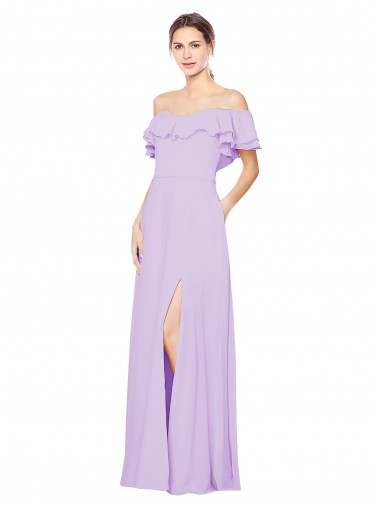 Online Ruffled Off the Shoulder Long Chiffon Bridesmaid Dress with Slit UK