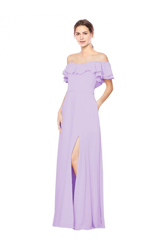 Online Ruffled Off the Shoulder Long Chiffon Bridesmaid Dress with Slit UK