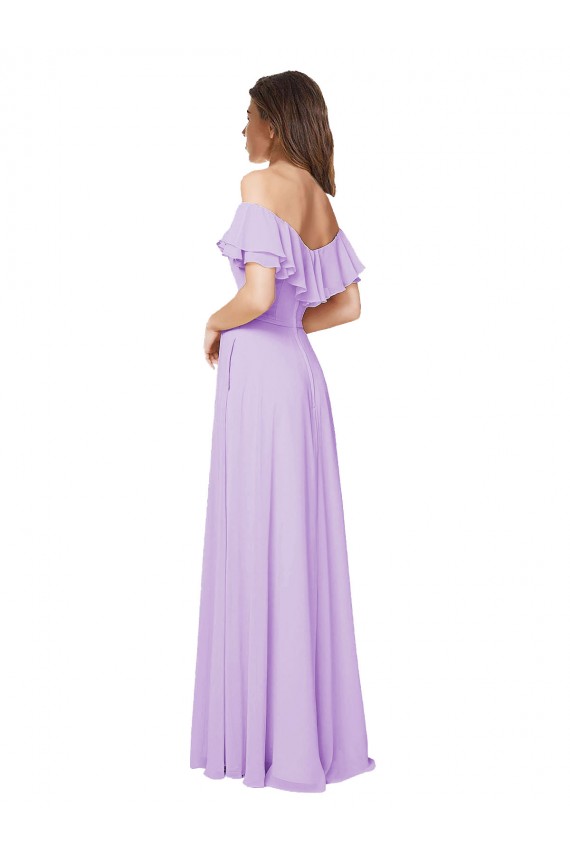 Online Ruffled Off the Shoulder Long Chiffon Bridesmaid Dress with Slit UK