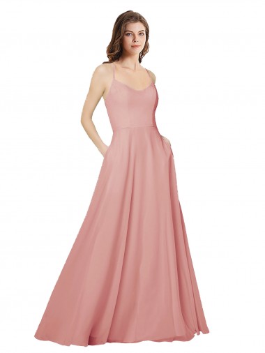 Online Open Back Wide Tie Band Long Chiffon Bridesmaid Dress with Pockets UK