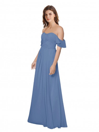 Online Flutter Sleeves Scoop Neck Off the Shoulder Long Chiffon Bridesmaid Dress UK